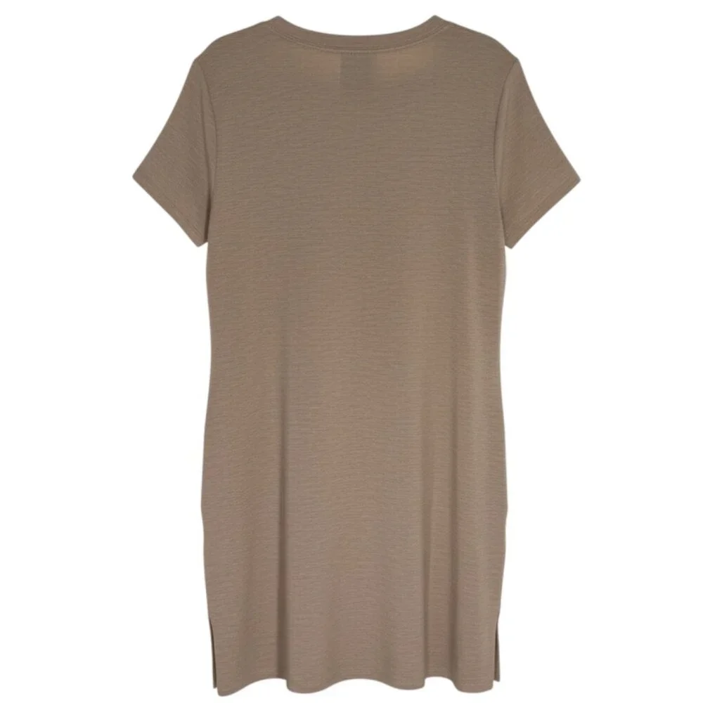 Calvin Klein T Shirt Dress Jersey Knit Tie Neck Pockets Khaki Tan L NWT